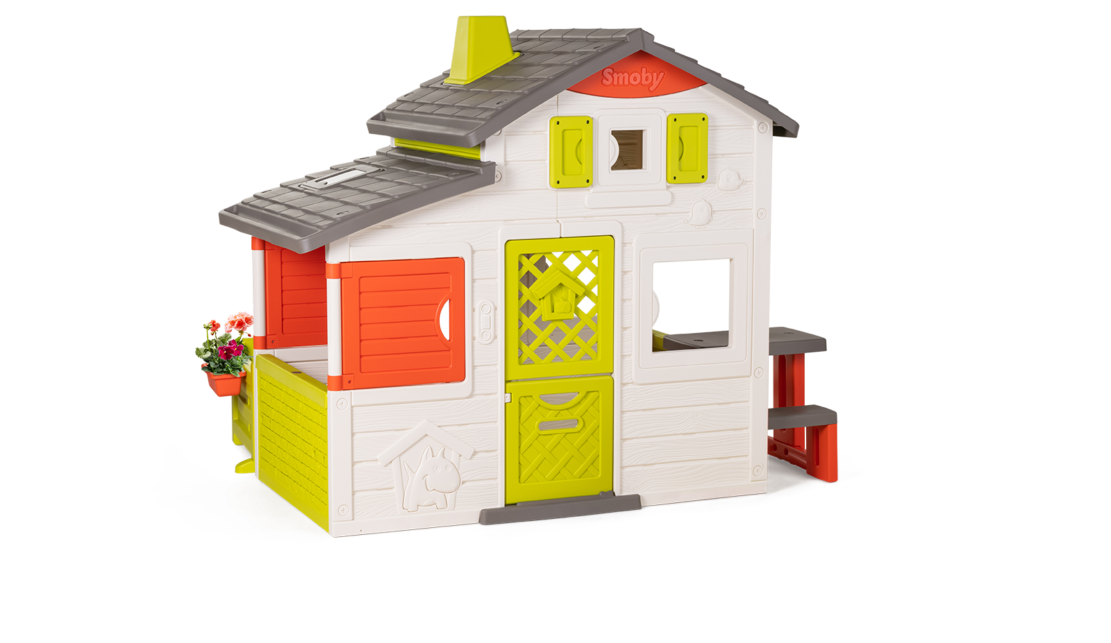 Spielhaus der Freunde geräumig Neo Friends House Smoby mit Garten erweiterbar 2 Türen 6 Fenster und Picknicktisch 172 cm hoch mit UV-Filter