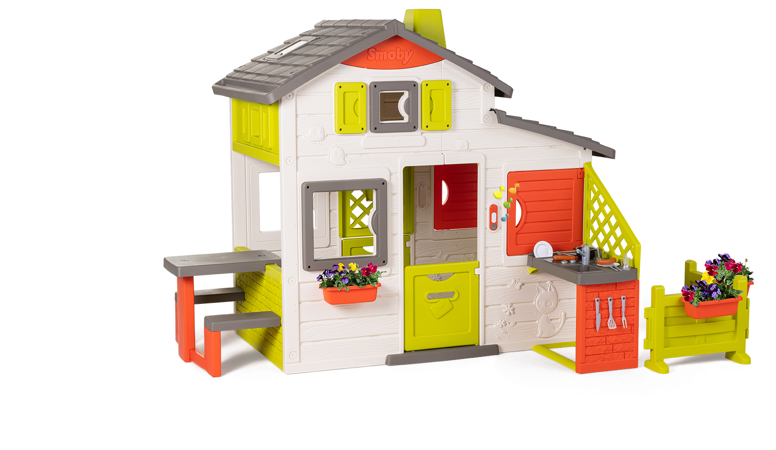 Spielhaus der Freunde geräumig Neo Friends House Smoby mit Garten erweiterbar 2 Türen 6 Fenster und Picknicktisch 172 cm hoch mit UV-Filter