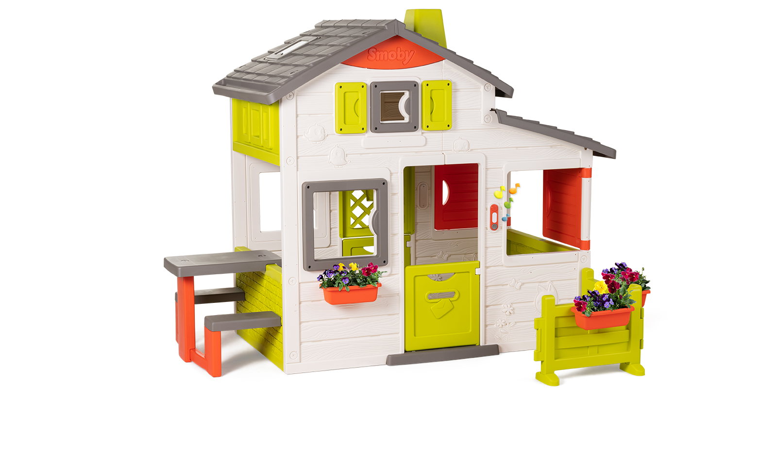 Spielhaus der Freunde geräumig Neo Friends House Smoby mit Garten erweiterbar 2 Türen 6 Fenster und Picknicktisch 172 cm hoch mit UV-Filter